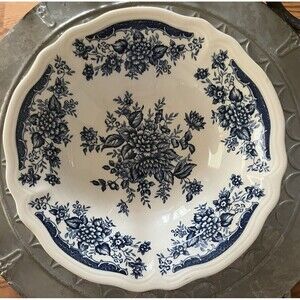Ironstone Blue Carnation Serving Bowl Vintage Blue White Stoneware‎ Farm Cottage